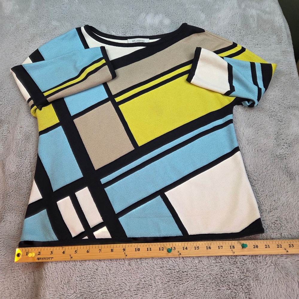 St. John Wool Blend Geometric Colorblock Top Women M 3/4 Sleeve Knit Multi-Color